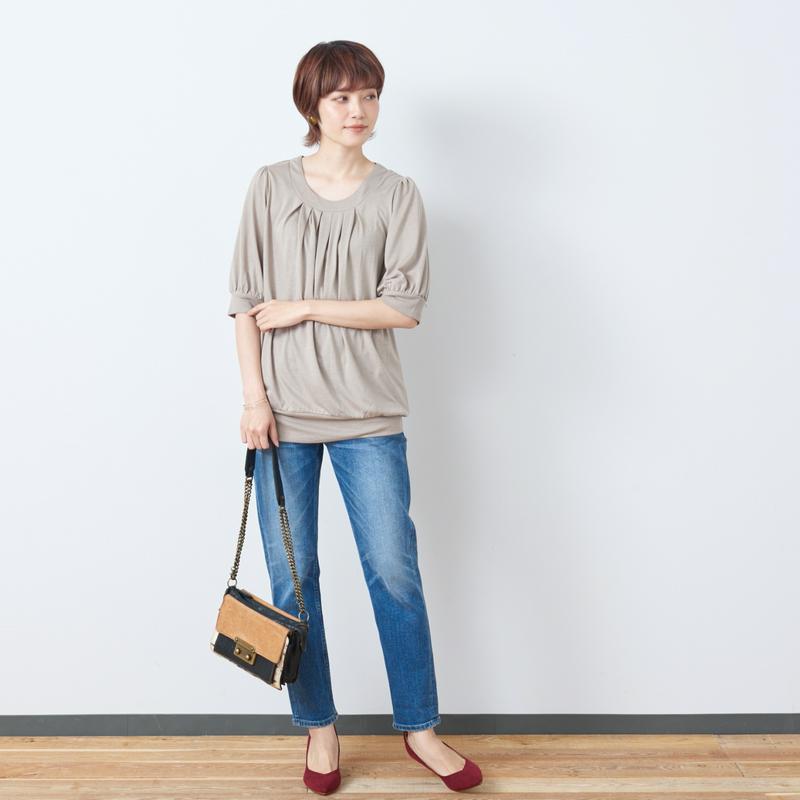【大人気シリーズ】長め丈がうれしいタックチュニック５分袖カットソー【Ｍ～４Ｌ】