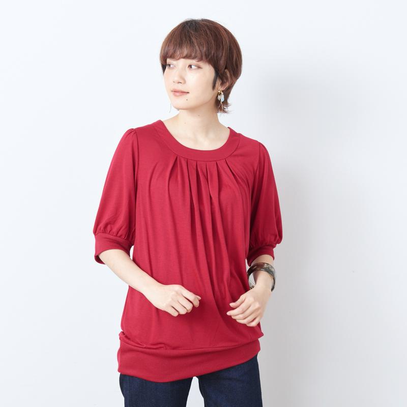 【大人気シリーズ】長め丈がうれしいタックチュニック５分袖カットソー【Ｍ～４Ｌ】