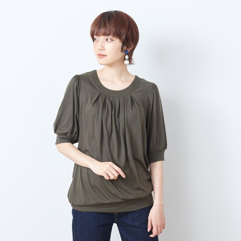 【大人気シリーズ】長め丈がうれしいタックチュニック５分袖カットソー【Ｍ～４Ｌ】