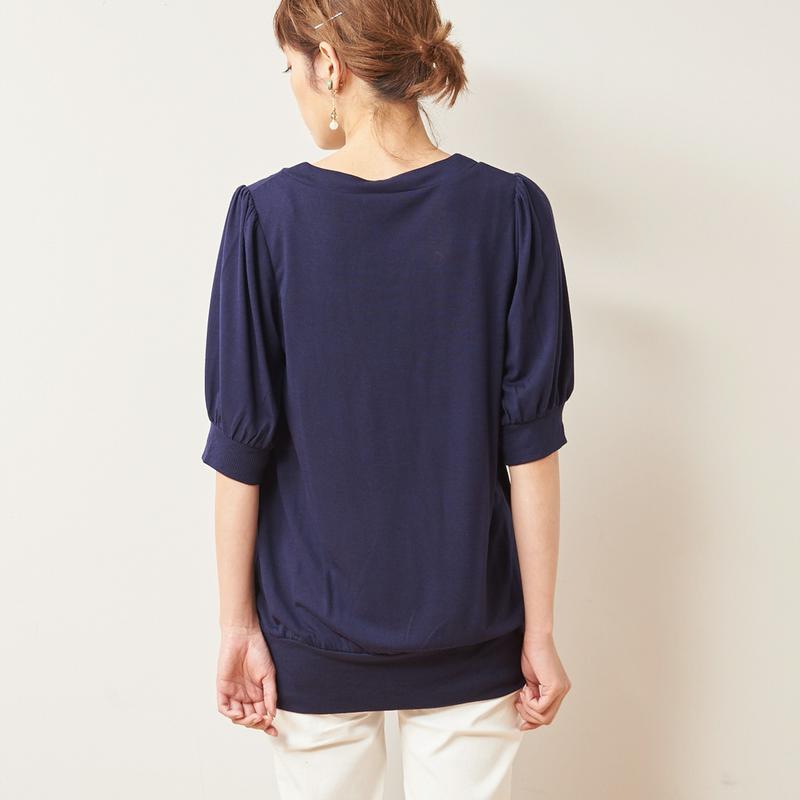 【大人気シリーズ】長め丈がうれしいタックチュニック５分袖カットソー【Ｍ～４Ｌ】