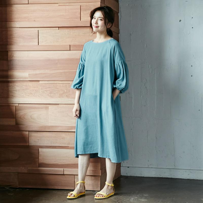 涼しいリネンレーヨンの袖ボリュームゆったりワンピース