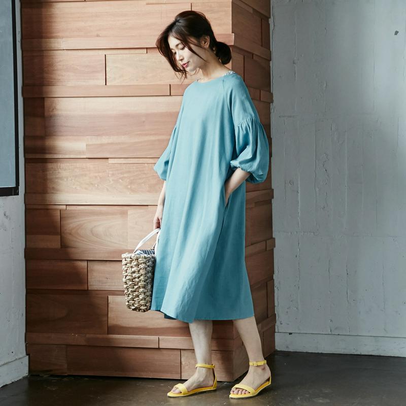 涼しいリネンレーヨンの袖ボリュームゆったりワンピース