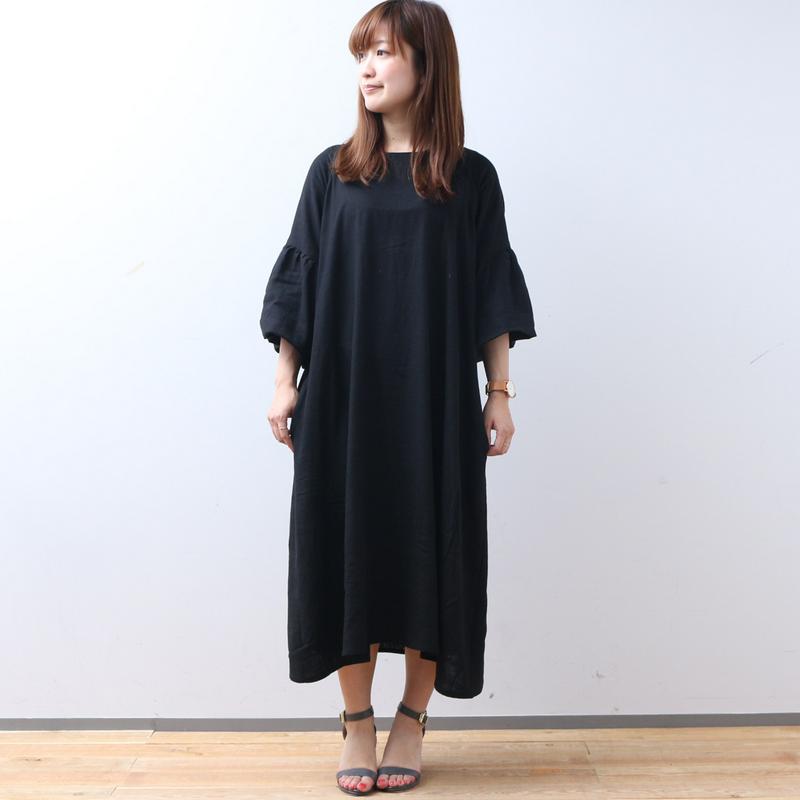 涼しいリネンレーヨンの袖ボリュームゆったりワンピース