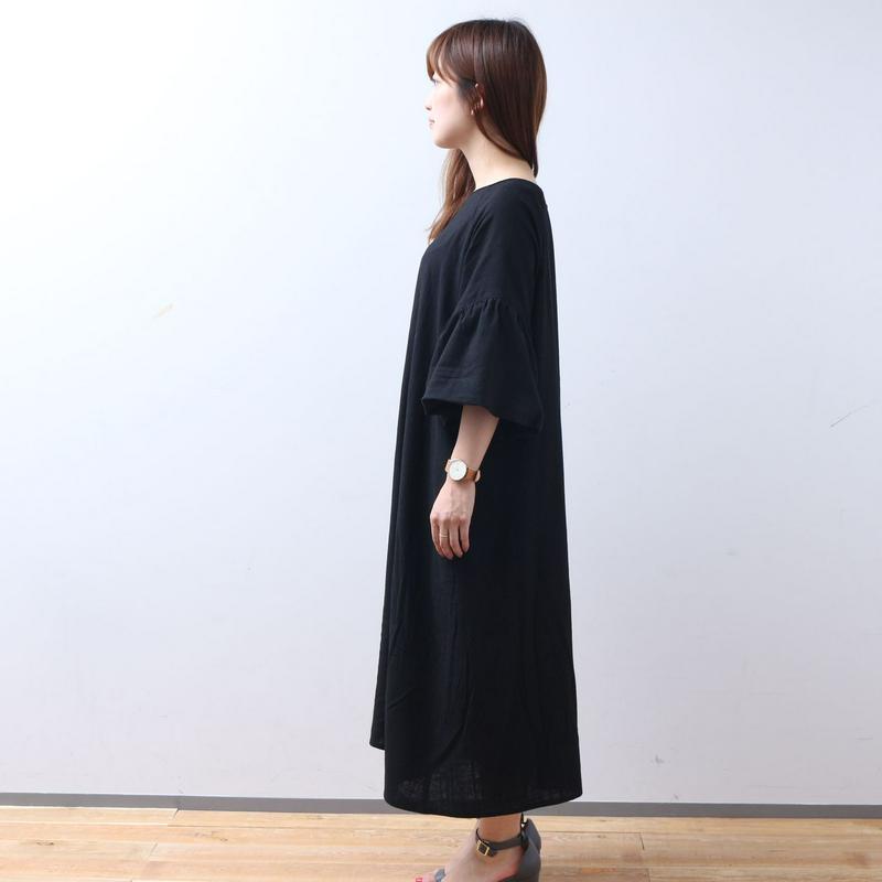涼しいリネンレーヨンの袖ボリュームゆったりワンピース