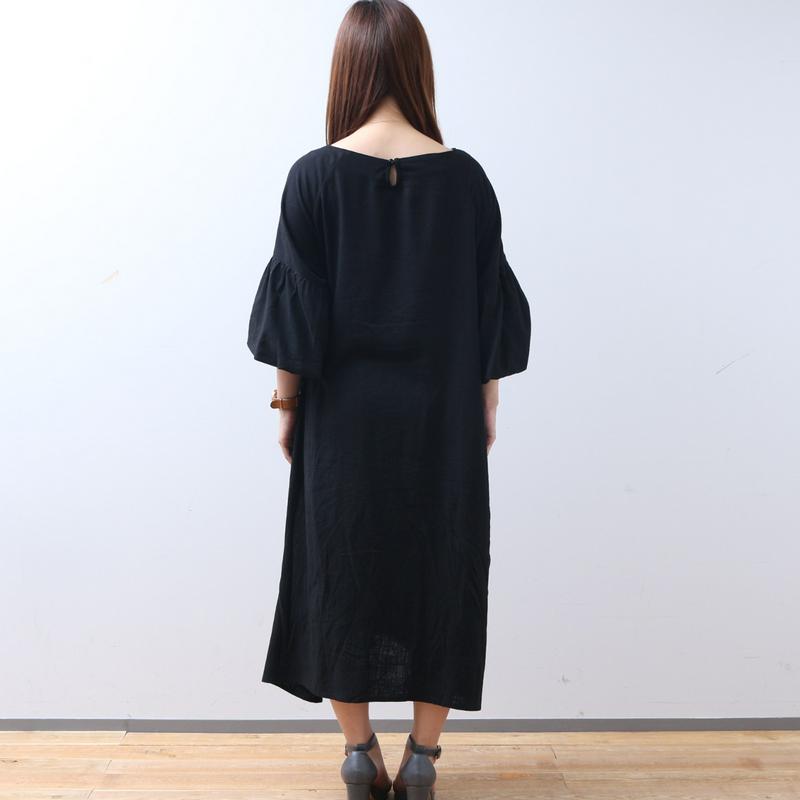 涼しいリネンレーヨンの袖ボリュームゆったりワンピース