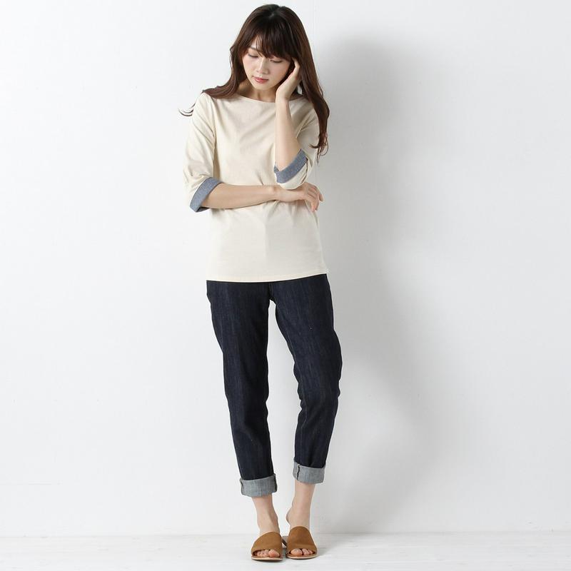 袖裏シャンブレーボートネック７分袖Ｔシャツ