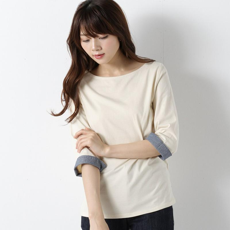 袖裏シャンブレーボートネック７分袖Ｔシャツ