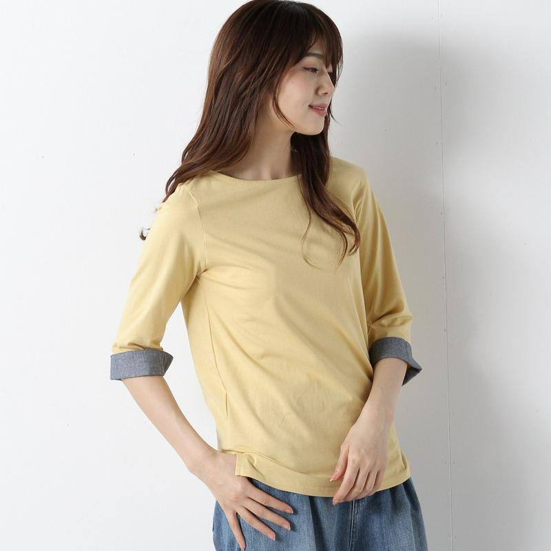 袖裏シャンブレーボートネック７分袖Ｔシャツ