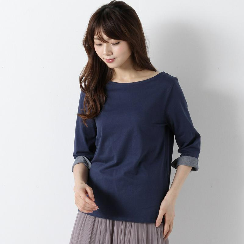 袖裏シャンブレーボートネック７分袖Ｔシャツ