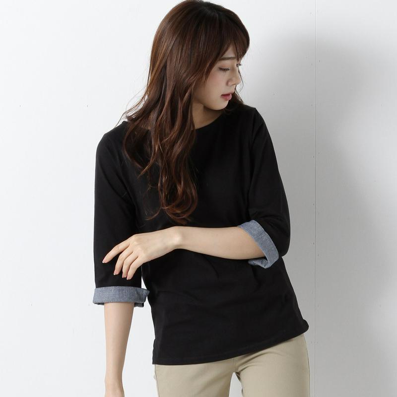 袖裏シャンブレーボートネック７分袖Ｔシャツ