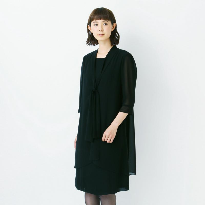 洗える◎ボウタイ風前開きフォーマルワンピース【喪服・礼服】【７ＡＲ～１９ＡＲ】（ニュイ/NUIT）