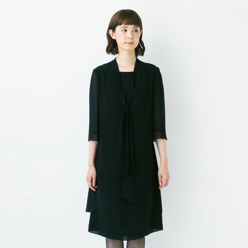 洗える◎ボウタイ風前開きフォーマルワンピース【喪服・礼服】【７ＡＲ～１９ＡＲ】（ニュイ/NUIT）