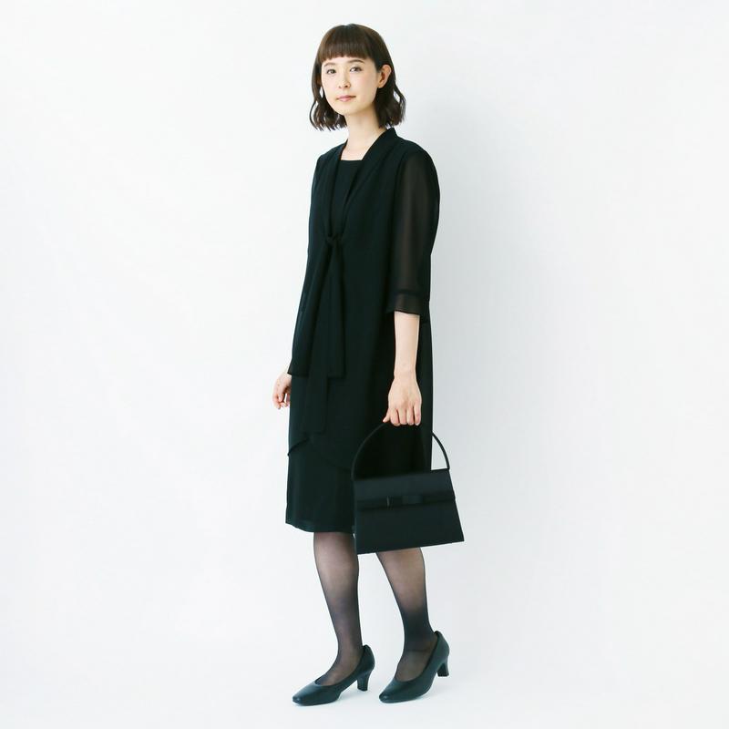 洗える◎ボウタイ風前開きフォーマルワンピース【喪服・礼服】【７ＡＲ～１９ＡＲ】（ニュイ/NUIT）