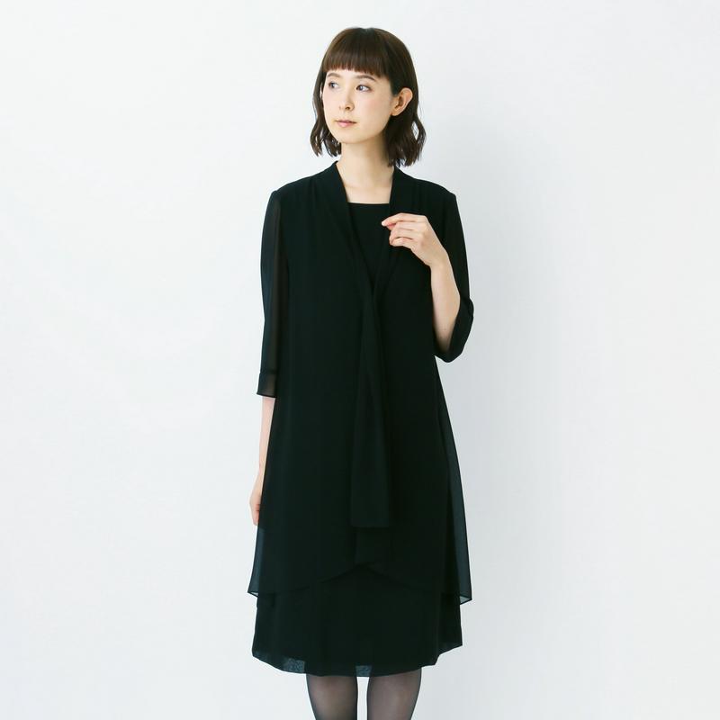 洗える◎ボウタイ風前開きフォーマルワンピース【喪服・礼服】【７ＡＲ～１９ＡＲ】（ニュイ/NUIT）