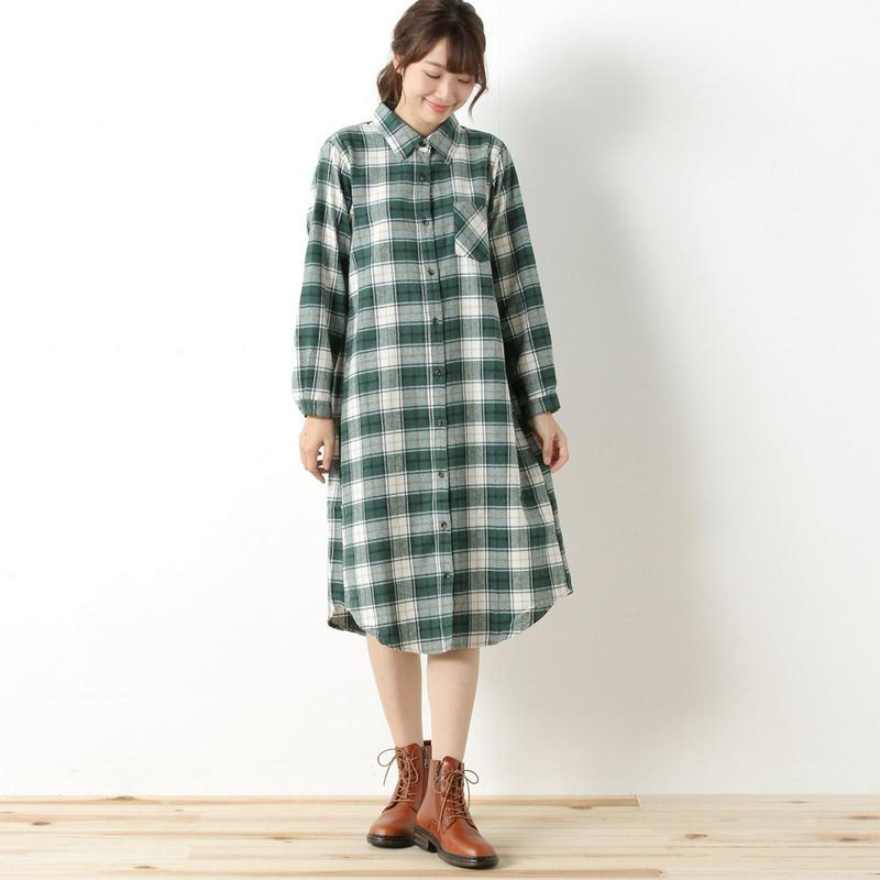 綿混素材のビエラ起毛ロングシャツワンピース