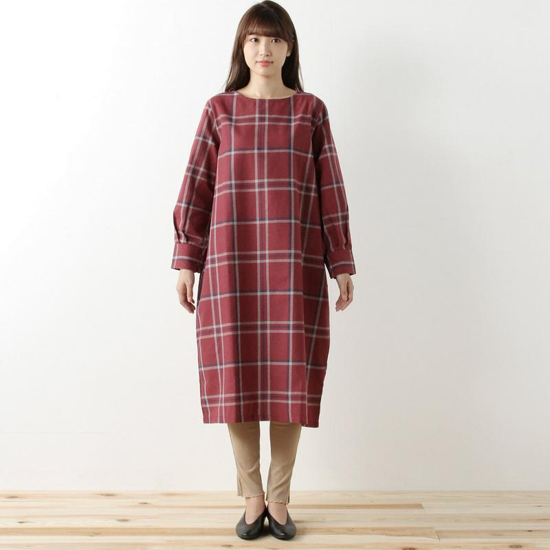 チェック柄カフス袖ワンピース【Ｍ～４Ｌ】