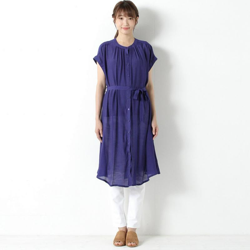 さらさら涼しい★スラブ半袖前開きワンピース【Ｍ～３Ｌ】（manoamano／マノアマノ）