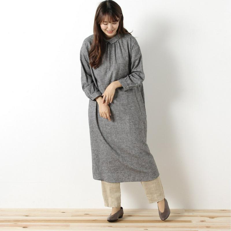 コットンリネン起毛素材のロングシャツワンピース
