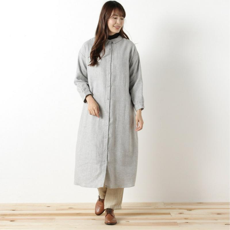 コットンリネン起毛素材のロングシャツワンピース