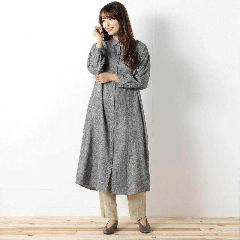 コットンリネン起毛素材のロングシャツワンピース