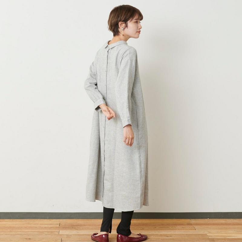 コットンリネン起毛素材のロングシャツワンピース
