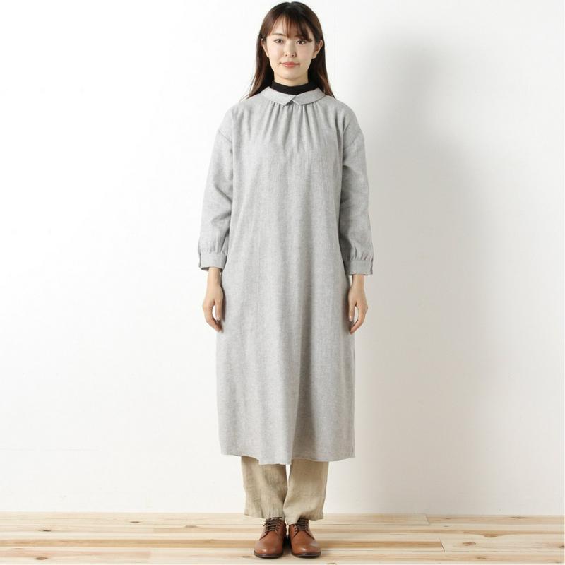 コットンリネン起毛素材のロングシャツワンピース