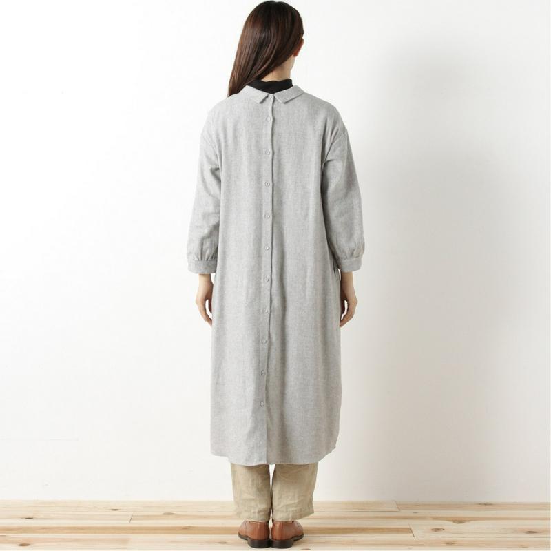 コットンリネン起毛素材のロングシャツワンピース