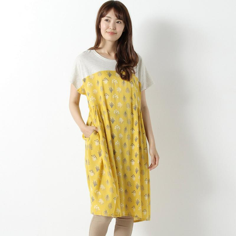 【３／２５（水）で販売終了】異素材切替えプリントワンピース