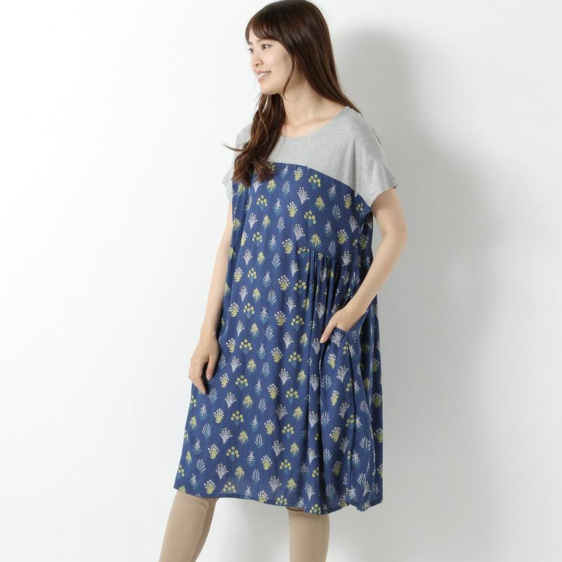 【３／２５（水）で販売終了】異素材切替えプリントワンピース
