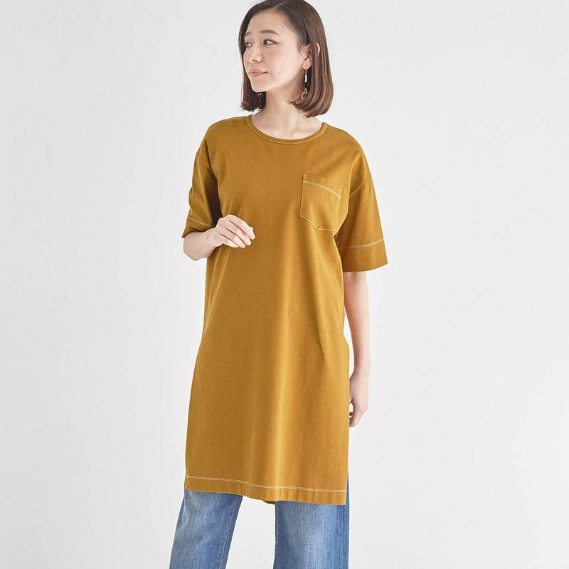 配色ステッチ脇スリットカットソーチュニック（Ｓ～Ｍのみ）