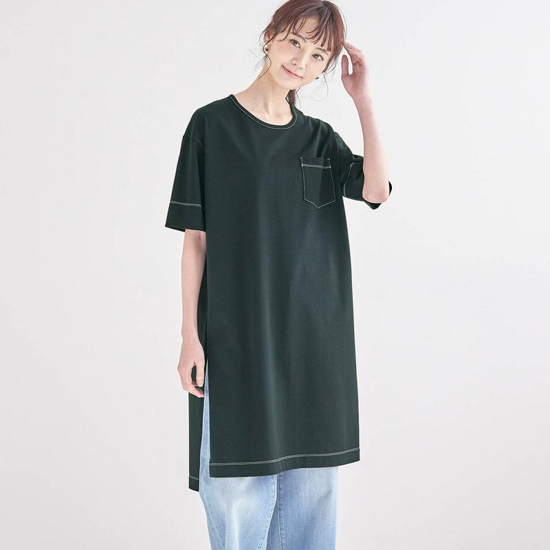 配色ステッチ脇スリットカットソーチュニック（Ｓ～Ｍのみ）