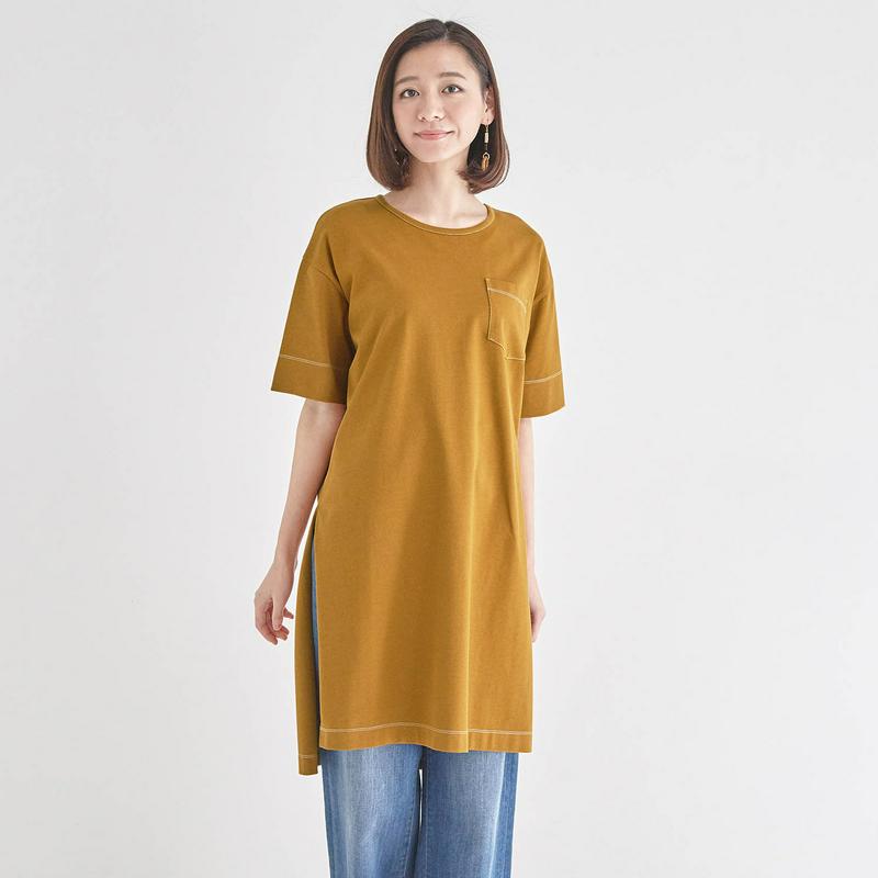 配色ステッチ脇スリットカットソーチュニック（Ｓ～Ｍのみ）
