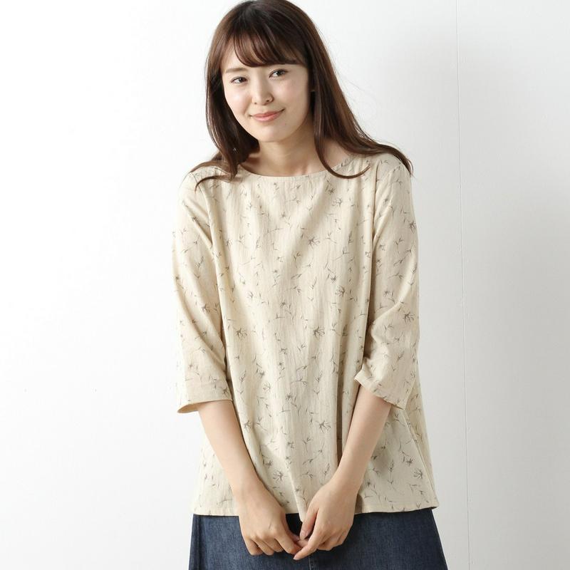 綿麻強撚花柄プリントブラウス