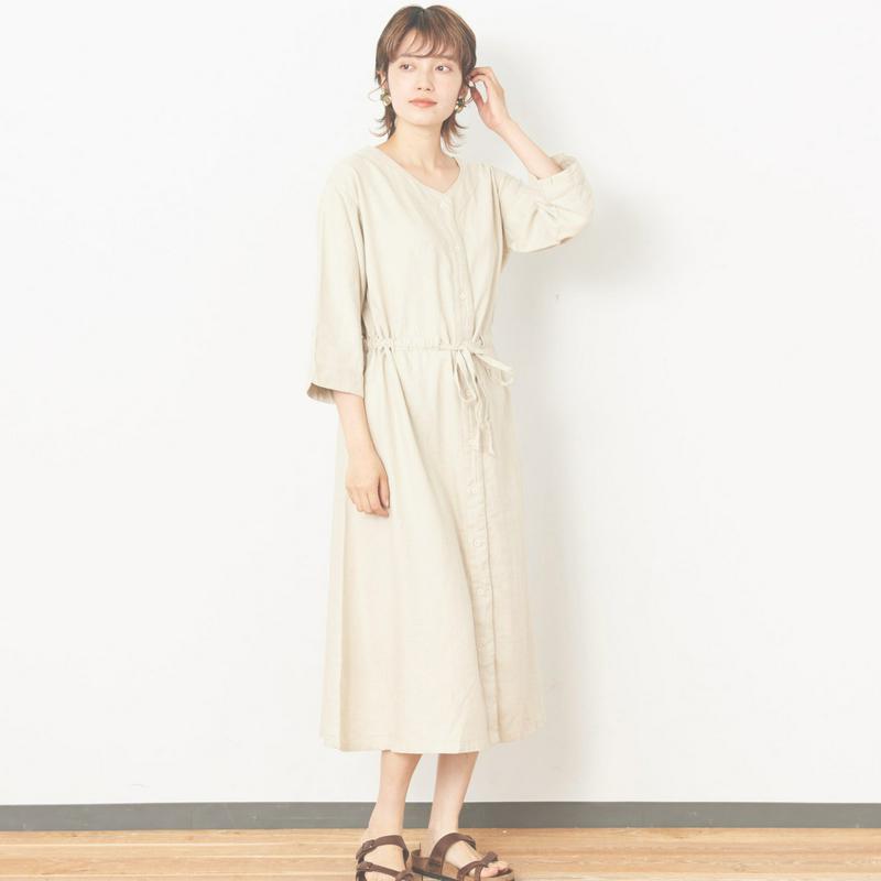 リネンレーヨン素材のウエストリボンワンピース【Ｍ～４Ｌ】
