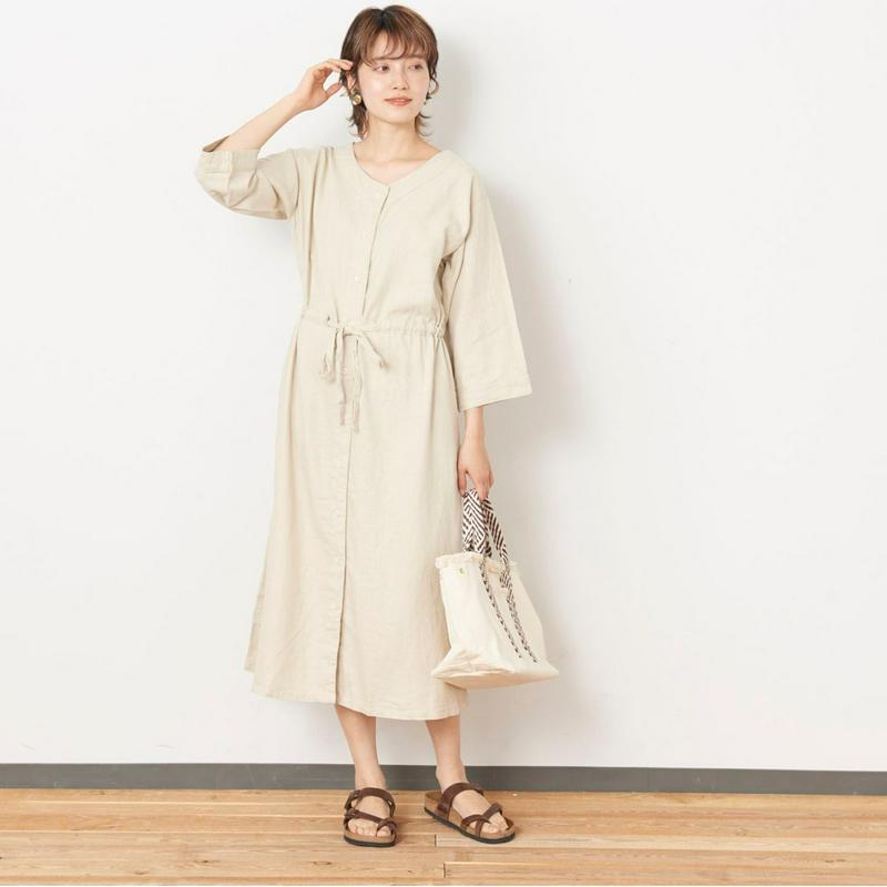リネンレーヨン素材のウエストリボンワンピース【Ｍ～４Ｌ】