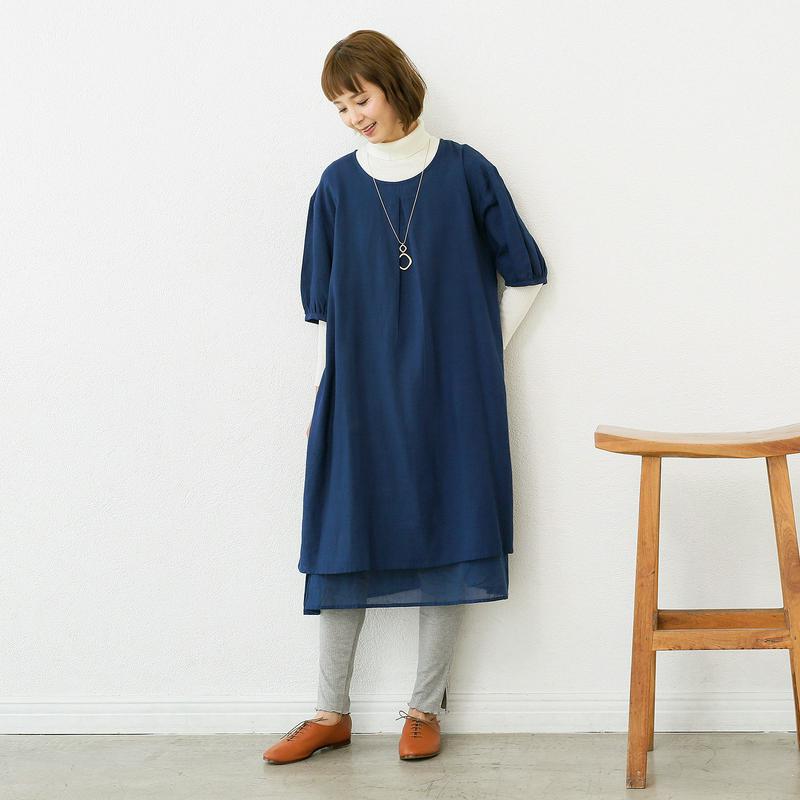 【ナチュラル】麻混２枚重ね５分袖ワンピース◎重ね着にも【選べる８色】（リトルマーケット/LITTLE MARKET）