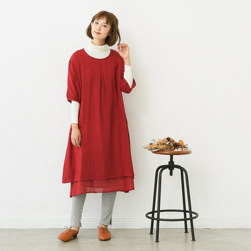【ナチュラル】麻混２枚重ね５分袖ワンピース◎重ね着にも【選べる８色】（リトルマーケット/LITTLE MARKET）
