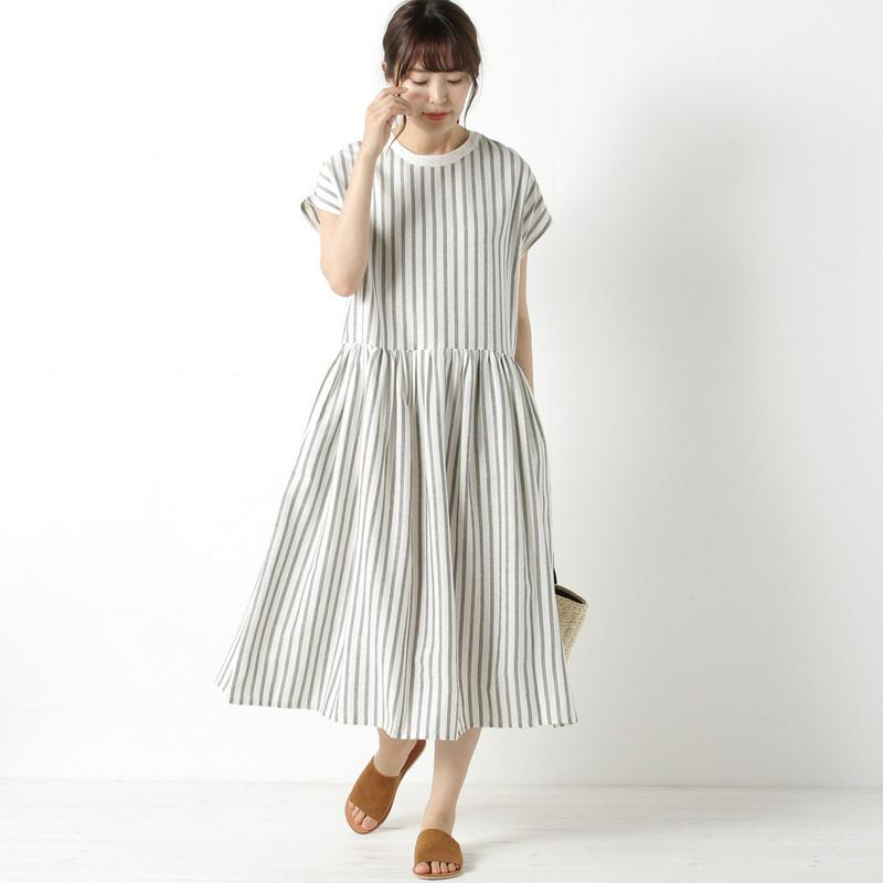 【３／２５（水）で販売終了】綿麻ストライプワンピース
