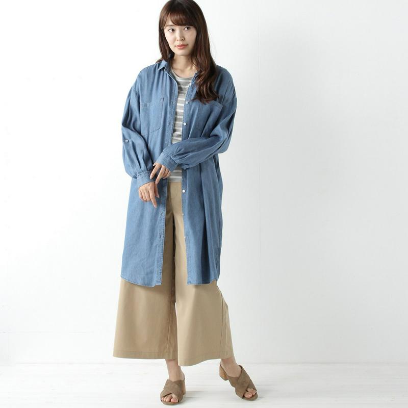 着易いレーヨンデニムのカフス付きシャツワンピース