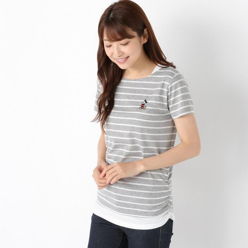 ミッキー切替フェイクレイヤードボーダーＴシャツ