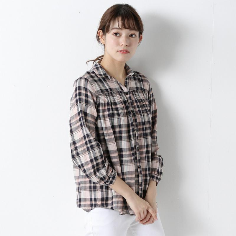 綿混胸元ギャザーシャツチュニック