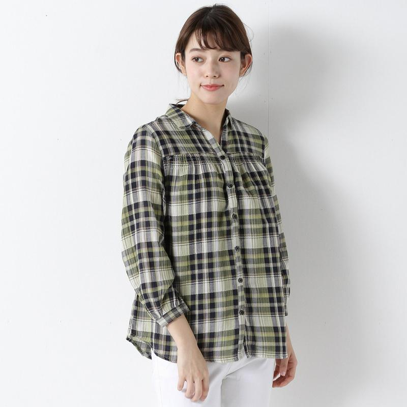 綿混胸元ギャザーシャツチュニック