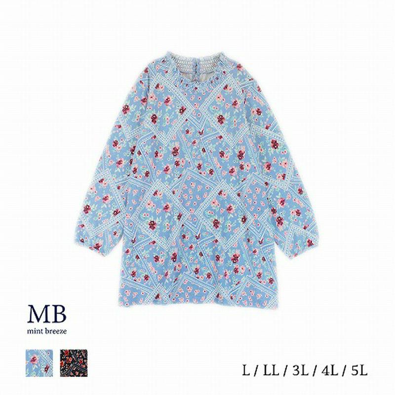 シャーリングネック花柄チュニック【ＬＬ～５Ｌ】