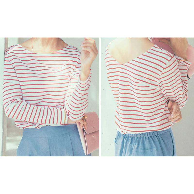 【ＳＴＹＬＥ　ＳＮＡＰ掲載】柔らかストレッチ後ろＶネックボーダーカットソー
