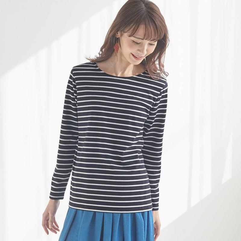 【ＳＴＹＬＥ　ＳＮＡＰ掲載】柔らかストレッチ後ろＶネックボーダーカットソー