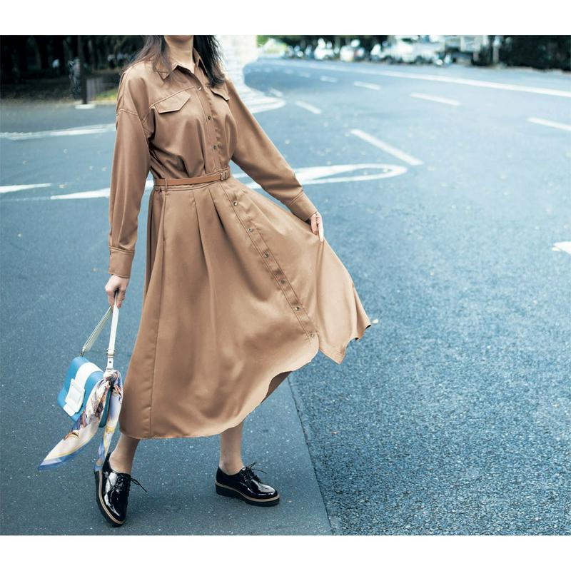 【ＳＴＹＬＥ　ＳＮＡＰ掲載】ロング丈ウエストベルト付きシャツワンピース