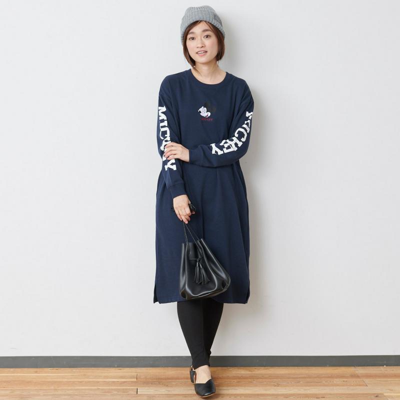ミッキー裏起毛Ｔシャツワンピース【Ｍ～３Ｌ】「ミッキーマウス」（ディズニー）