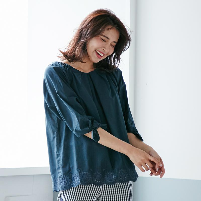 綿１００％ナチュラル刺繍リボン袖ブラウス