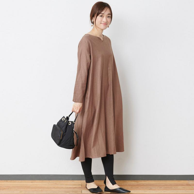 綿麻レーヨンキーネックワンピース