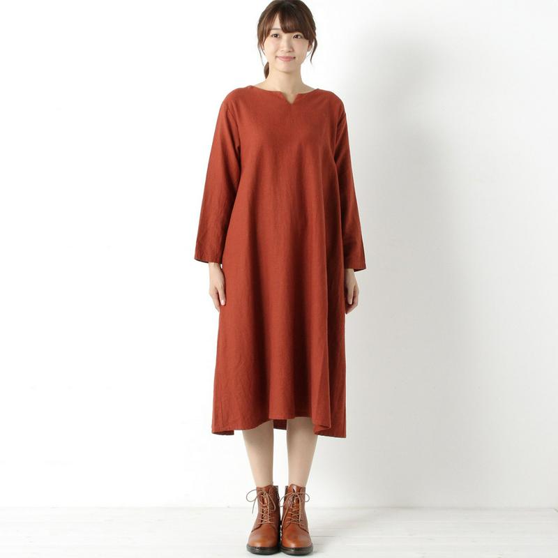 綿麻レーヨンキーネックワンピース